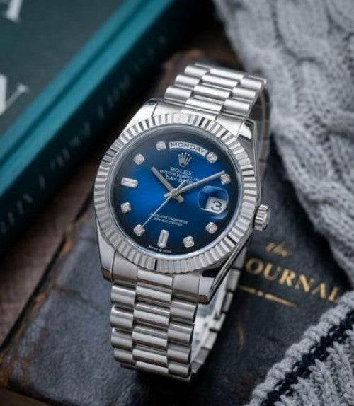 Rolex Day date silver blue diamond Quartz