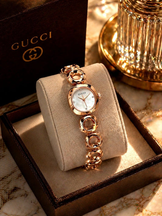 Gucci White Dial Rose Gold Bracelet Chain Ladies Watch