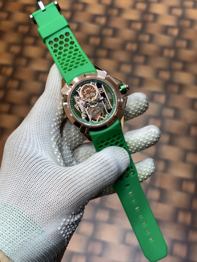 Jacob Co CR7 Limited Edition timepiece featuring skeletonized dial with a green rubber