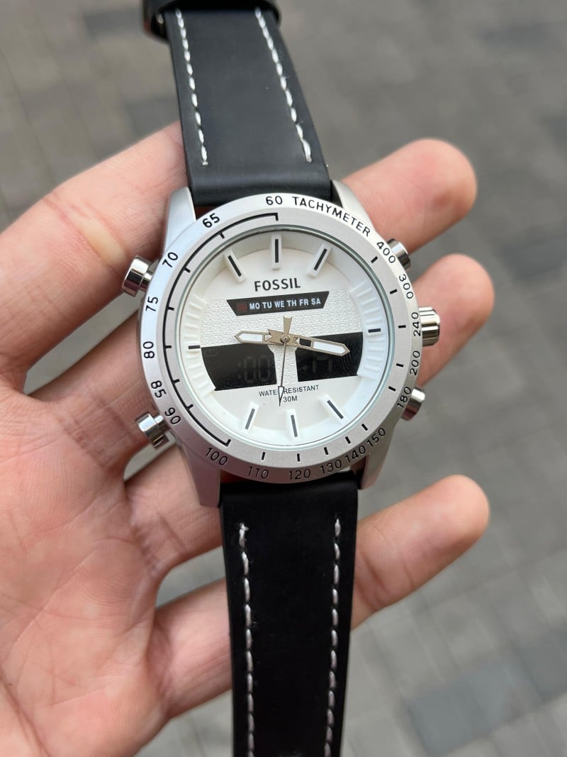 Fossi l Dual Time Silver White Black Belt