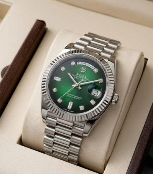 Rolex Day date silver green diamond Quartz